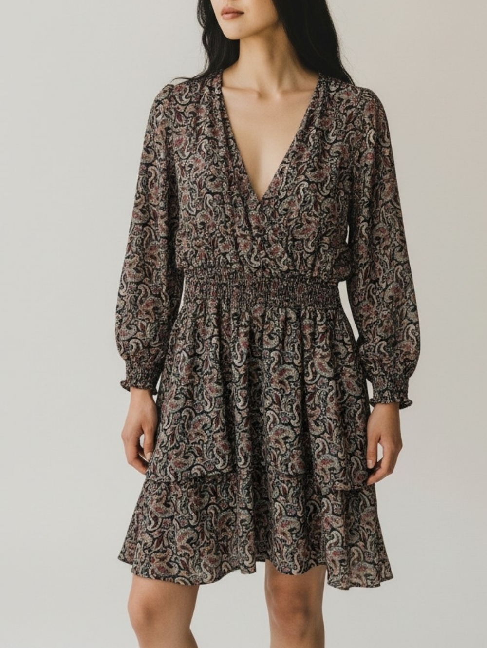 Black Tape Surplice Paisley Smocked Waist Fit and Flare Dress